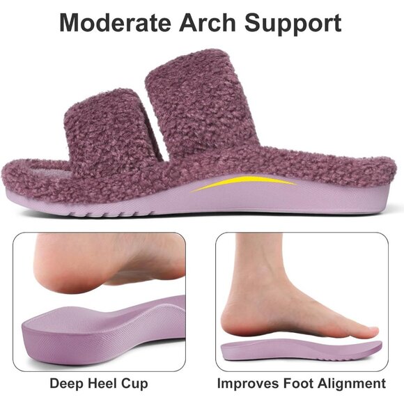 Women's Purple Fuzzy Moderate Arch Support Open Toe Cozy Bedroom Slippers  Shoes - Picture 3 of 5